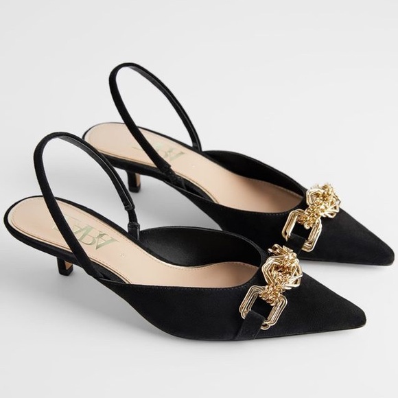 NWOT Zara Black Suede Pointy Toe Slingback Kitten Heels With Gold Chain - Picture 3 of 13